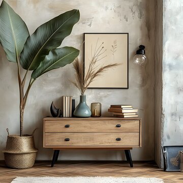 Elegant living room interior with a wooden commode and large green potted banana plant