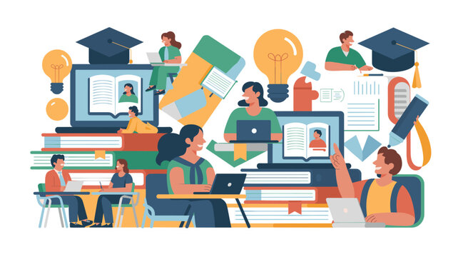 Online Education Learning Student Group Vector Illustration