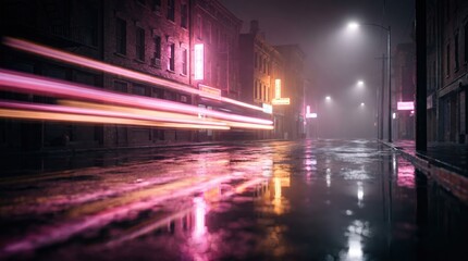 Obraz premium Rainy Night City Street with Neon Light Trails and Reflections