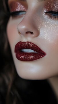 Extreme close up of beautiful female lips with dark red glittery makeup and glowing skin