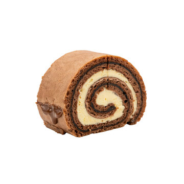 A single slice of chocolate swiss roll cake with a creamy vanilla filling, featuring a spiral pattern, isolated on a white background, studio shot