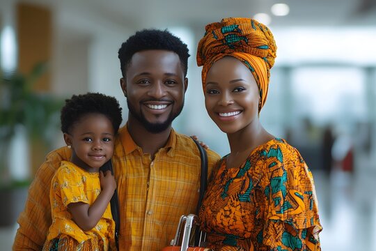 Happy african family, parents and young child, smiling together in traditional attire, ready for travel.