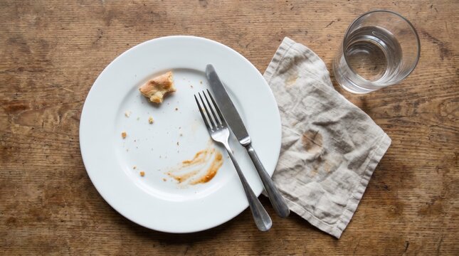 Dirty Plate After Meal with Fork, Knife, Napkin and Glass