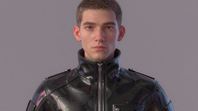 Close-up portrait young man's face upper body wearing black leather jacket shiny metallic finish has high coll