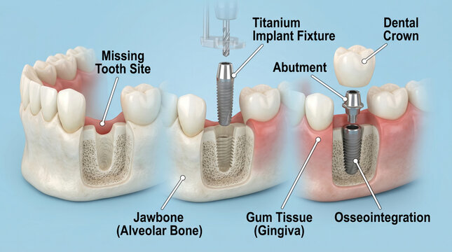 Dental Implant Process: From Missing Tooth Site to Osseointegration and Crown Placement
