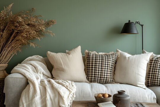 Stylish living room interior with green wall and checkered cushions on a comfortable sofa