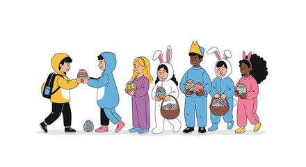 Fototapeta premium Group of children in animal and bunny costumes participating in an Easter egg hunt with colorful baskets and eggs.