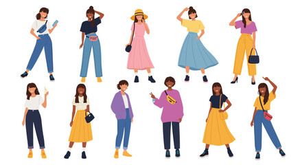 Fototapeta premium Diverse collection of fashionable young women in trendy casual outfits showcasing various styles of clothing and accessories.