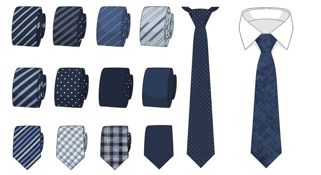 Collection of various blue patterned neckties showing different knots and styles for formal or professional business wear.