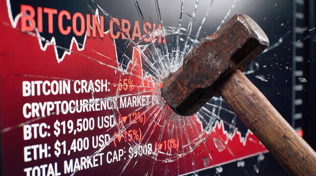  A rusty hammer smashing a computer screen displaying a bitcoin market crash