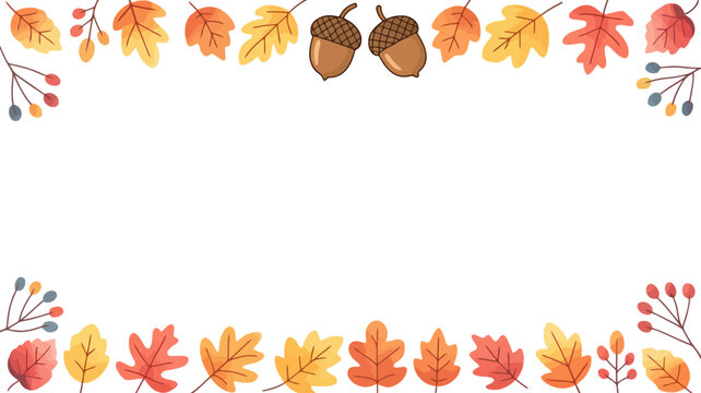 Autumn leaves and acorns decorative border illustration