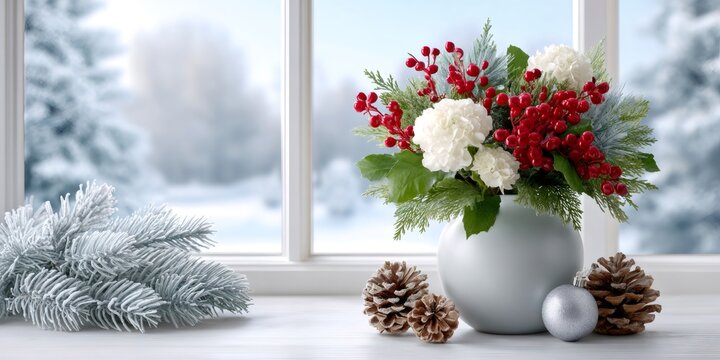 Christmas flower arrangement celebrating winter holidays at window