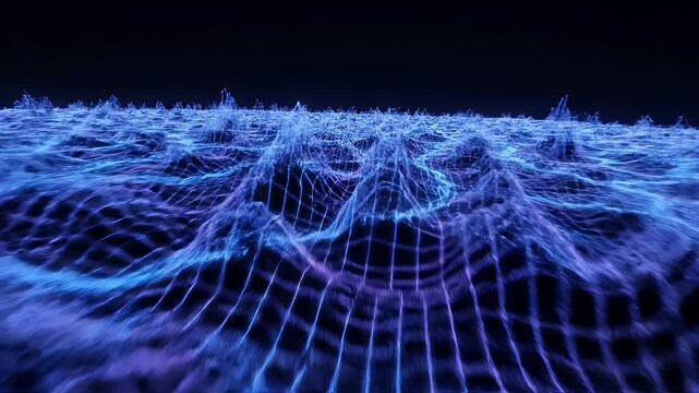 Blue digital wireframe landscape on dark background.