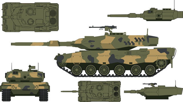 Military battle tank collection with armored combat vehicle, camouflage army machinery and tracked warfare equipment illustrations