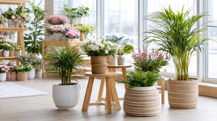 Fototapeta premium Flower shop interior with blooming plants and bouquets, floral retail business and decorative lifestyle concept.