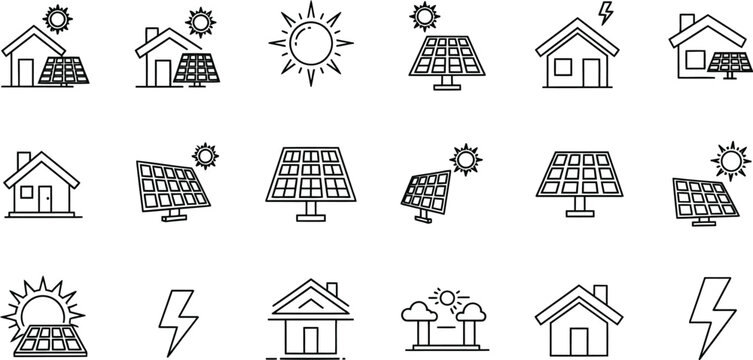 Solar panel and house icons with sun and lightning