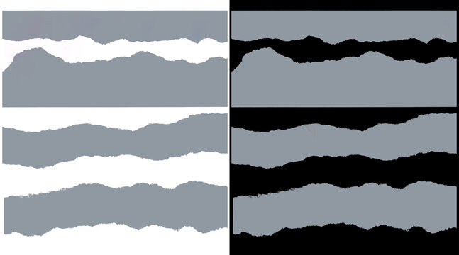 Torn paper edges collection, ripped paper borders on white and black backgrounds, set of grey deckle edge paper strips for collage and scrapbooking
