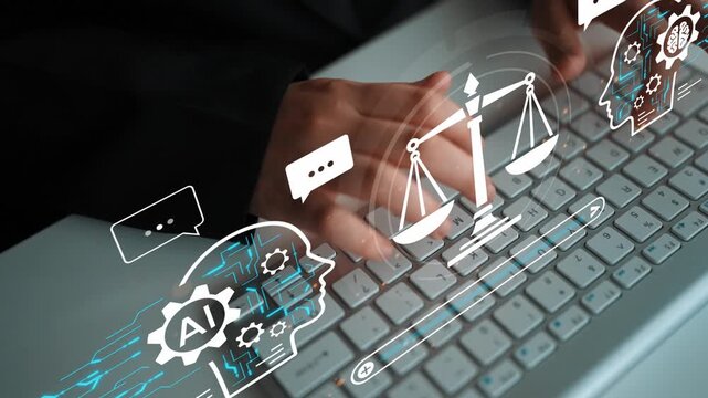 Hands Typing on Keyboard with Artificial Intelligence Graphics and Legal Symbols Representing Technology and Law Interaction for Digital Media. Entropy.