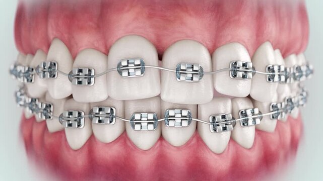 3D orthodontic animation of metal braces correcting tooth alignment and improving dental occlusion.