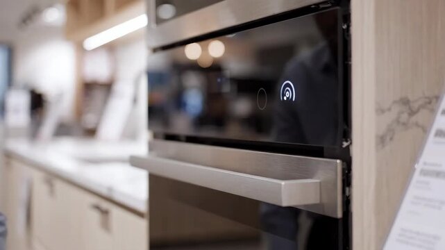 Male hand finger touch button on modern oven control panel in smart kitchen appliance technology showroom soft focus background cooking interface