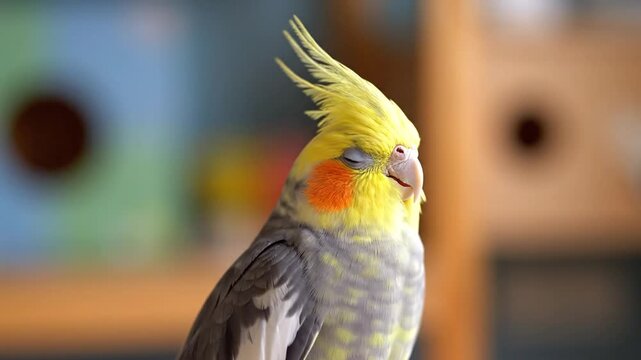 Cockatiel with closed eyes resting in tranquility yellow crest and orange cheeks calm and serene bird close up