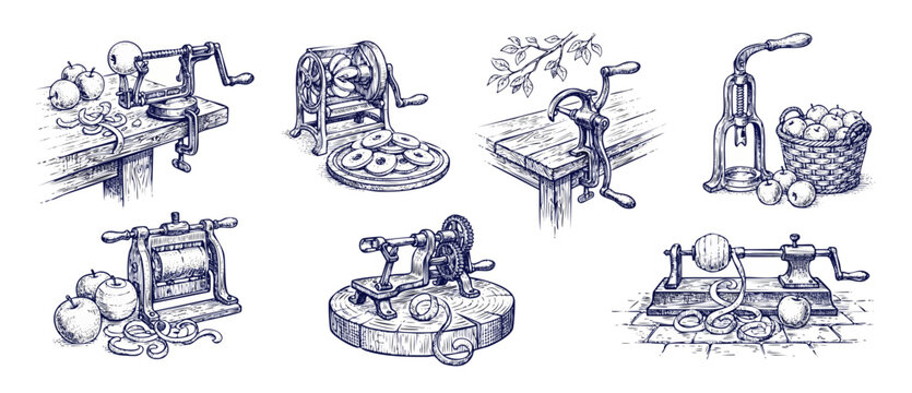 Vintage apple peeler machine illustrations showing antique hand cranked fruit slicer press and corer tools set in retro ink engraving style for farmhouse kitchen concept.