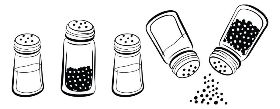 salt and pepper spice shaker clipart set in outline style, featuring minimalist kitchen seasoning containers for cooking, dining, restaurant menus, and culinary design projects.