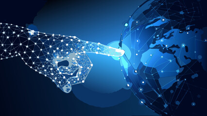 Wireframe Hand Pointing At Globe Digital Network Illustration © Sanjay