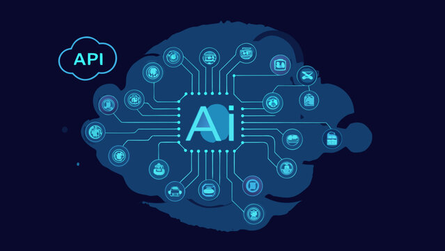 Artificial intelligence illustration with icons and api connection blue tone