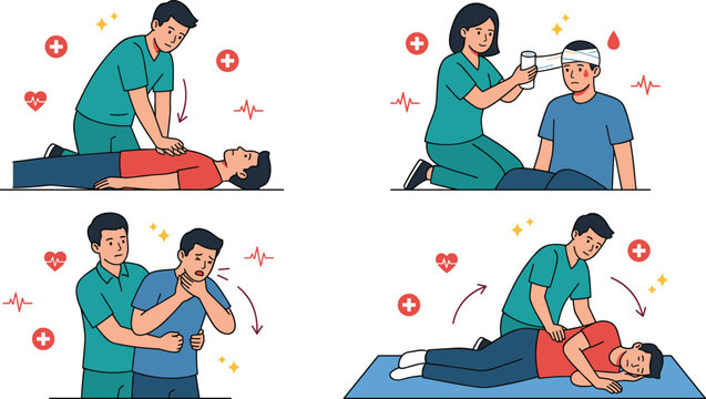 First Aid and Emergency Medical Procedure Character Set with CPR Chest Compression, Head Bandaging, Heimlich Maneuver, and Recovery Position