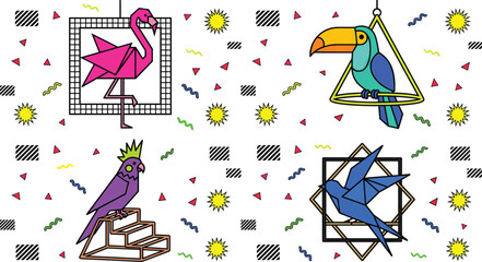 Retro 90s Memphis Style Geometric Bird Vector Set Featuring Origami Flamingo, Toucan, Cockatoo, and Swallow with Colorful Abstract Background Patterns © MstAkhlima