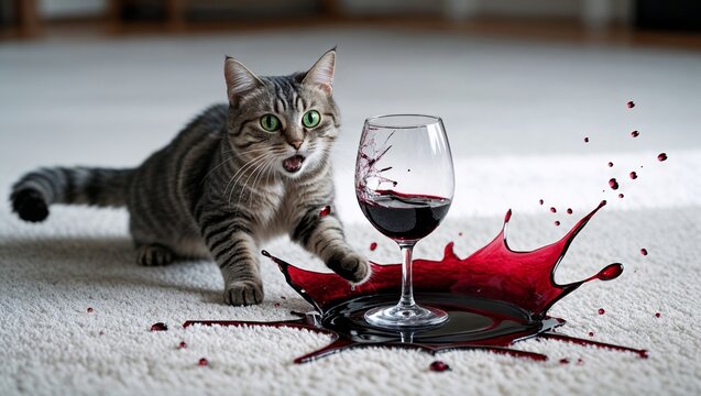 Domestic cat with green eyes startled by spilled red wine from a glass on a white carpet, splashes of wine visible around the glass