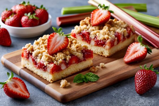 Strawberry rhubarb crumble bars on wooden board