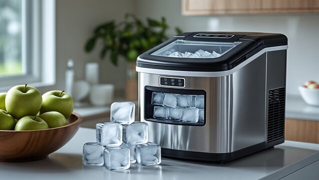Ice maker machine with clear ice cubes on kitchen countertop beside a bowl of green apples and modern cabinetry in a bright, contemporary kitchen setting