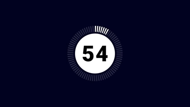 Minimalist 60 second countdown timer animation with white circular dial and black digits counting down from 60 to 0 on a dark navy blue background for motion graphics