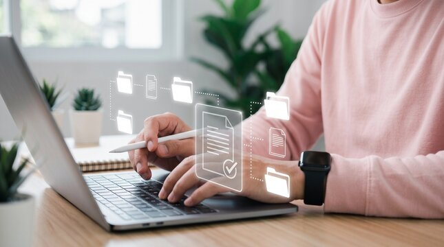 Person using laptop with document management icons for organization
