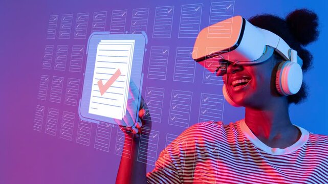 Happy person wearing virtual reality headset holds documents while interacting with digital interface, showcasing futuristic technology and engagement in virtual environments. Entropy.