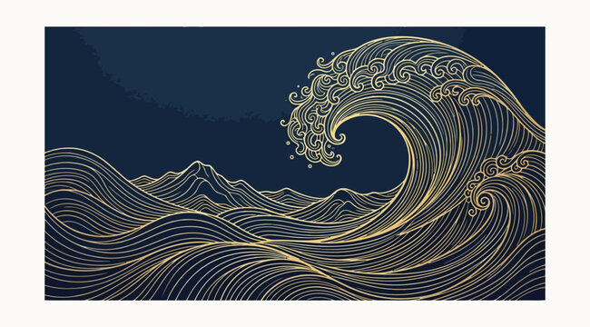 Japanese style golden wave illustration on dark blue background