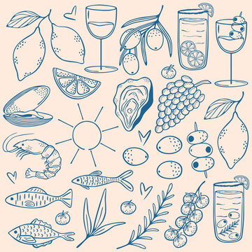 Coastal foods & drinks individual elements collection, vector art