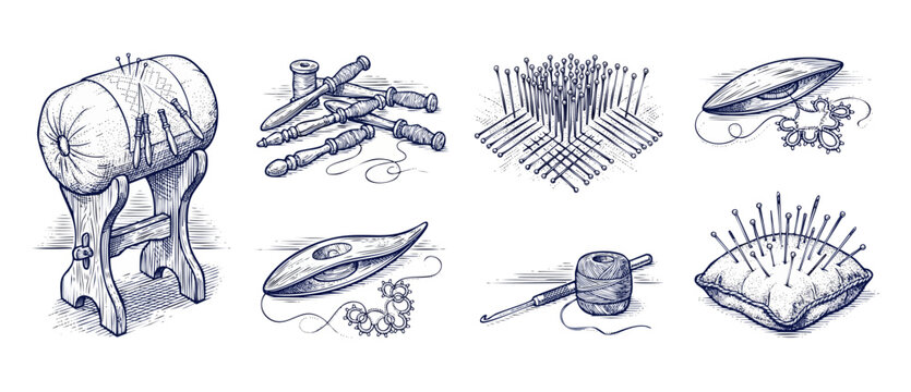 Lace making tools vintage set of hand drawn bobbins, tatting shuttles, lace pillow on stand, needles, pins, and thread spool. Antique handicraft equipment collection for sewing and traditional crafts.
