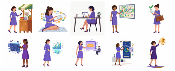 Fototapeta premium Professional Business Woman Illustration Set featuring Financial Management, Digital Banking, Data Analysis, and Career Success Concepts