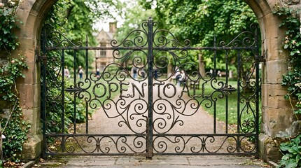 Obraz premium Detailed Ornate Wrought Iron Gate Featuring the Words Open to All Set within a Historic Stone Archway as a Symbol of Inclusivity and Public Access to a Lush Green Garden Park