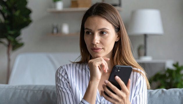 A thoughtful young woman sits on a cozy sofa, holding her smartphone and looking away dreamily, lost in pleasant thoughts or planning her day in a bright, modern living room.