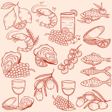 Coastal foods & drinks pre made composition collection, vector art