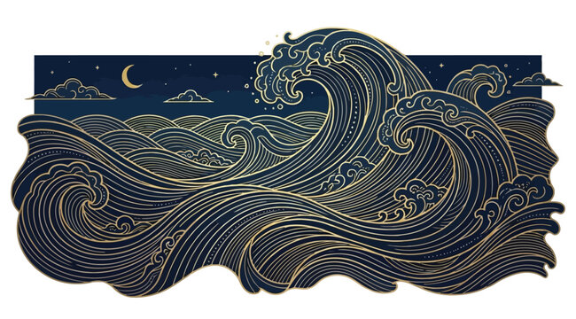 Japanese style golden wave illustration with moon and stars