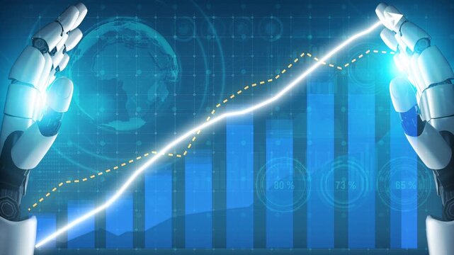 A futuristic representation of robot hands illustrating financial growth through data visualization, highlighting the intersection of technology and economy. Copula