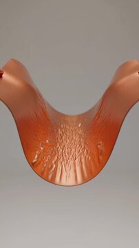 Abstract animation of copper metal sheet crumpling and deforming.
