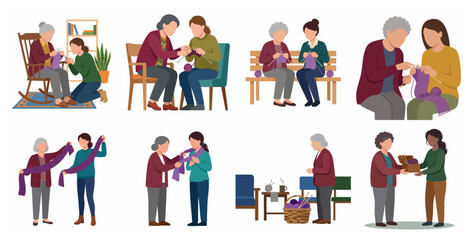 Fototapeta premium Senior and young women knitting together, intergenerational hobby and companionship vector illustration set