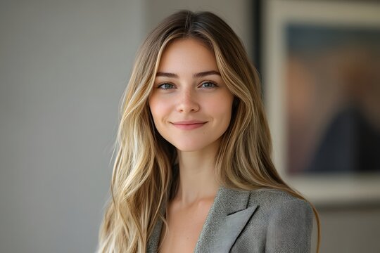 Portrait of a beautiful young professional woman smiling in a bright modern office space