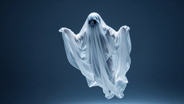 Spooky ghost with draped white fabric floats in the dark studio